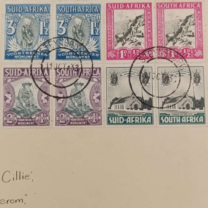 1938 South Africa voortrekker memorial fund cover with used pairs SACC51-54