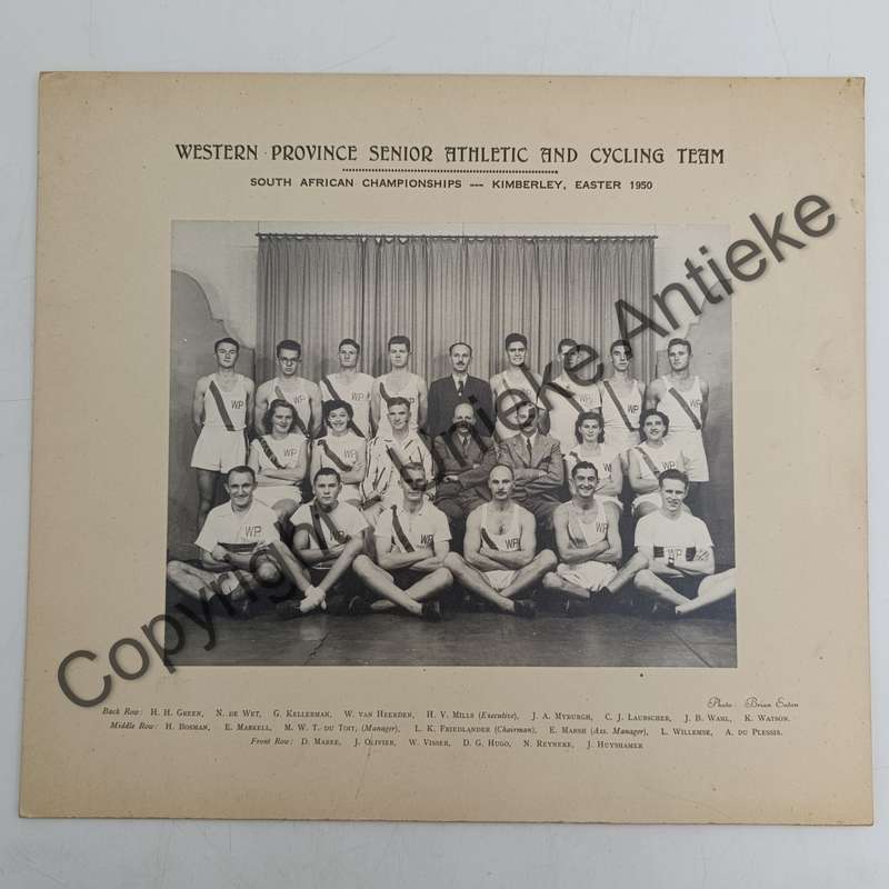 1950 Western Province Senior Athletic and Cycling team photo with names