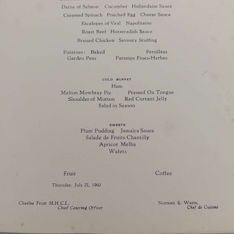1960 Union Castle menu for RMS Edenburgh Castle with signatures of 11 friends