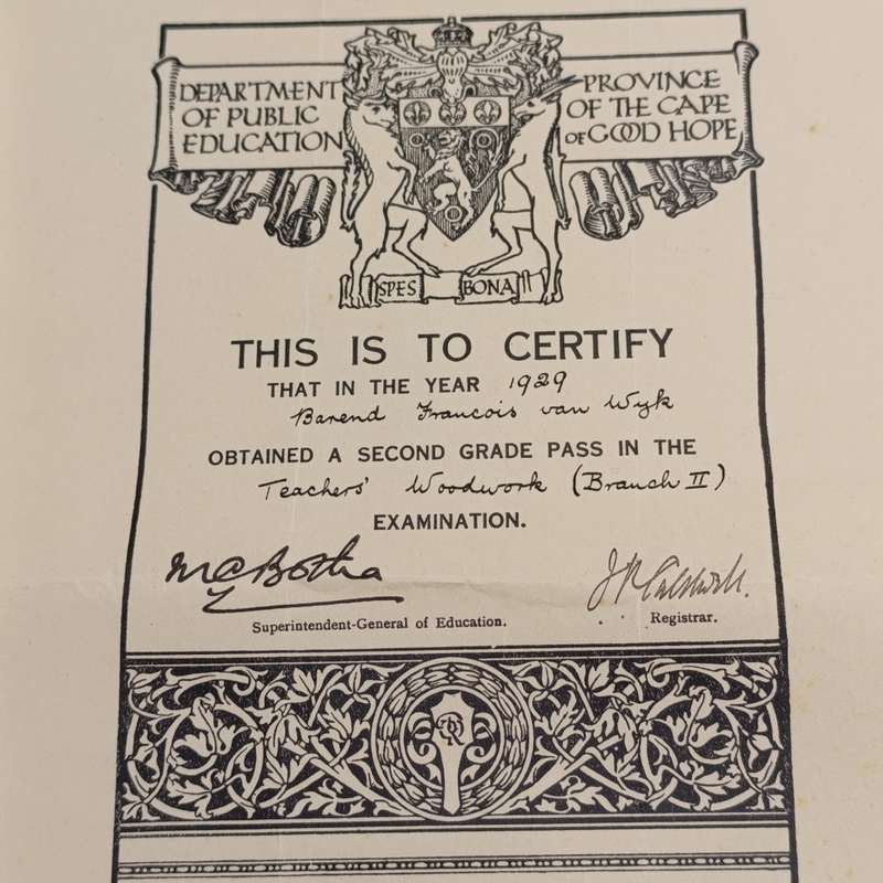 3 Certificates to Barend Francois van Wyk dated 1923 -     Blackboard drawing, 1928 - Taaleksamens