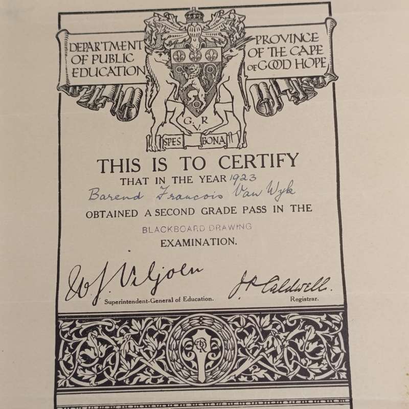 3 Certificates to Barend Francois van Wyk dated 1923 -     Blackboard drawing, 1928 - Taaleksamens