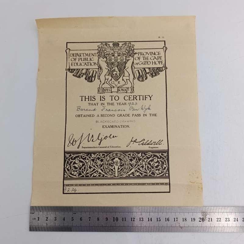 3 Certificates to Barend Francois van Wyk dated 1923 -     Blackboard drawing, 1928 - Taaleksamens