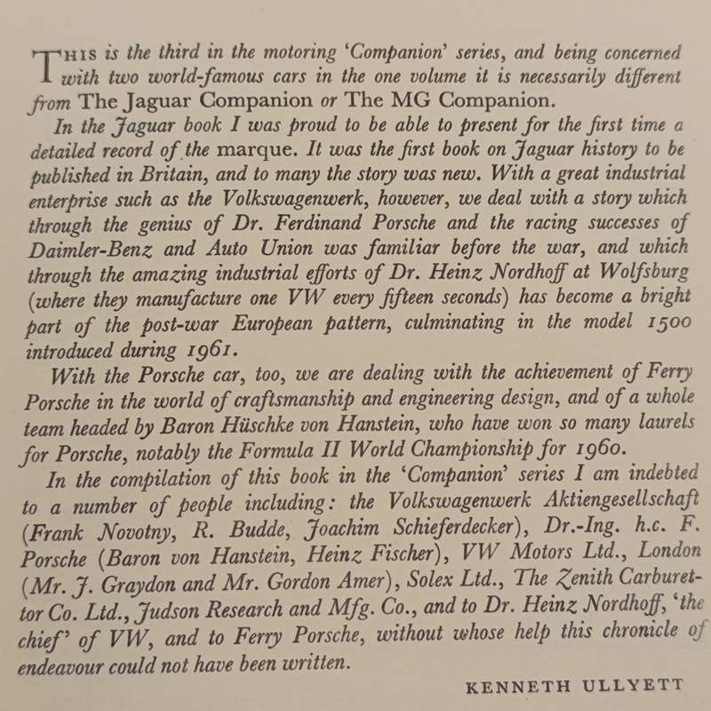 The Porsche and Volkswagen Companion - Kenneth Ullyett 1962 First Edition
