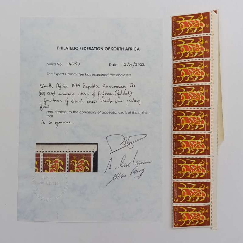 South Africa 1966 Republic Anniversary 3c (SG 264) unused strip of 15 - 14 with white line printing