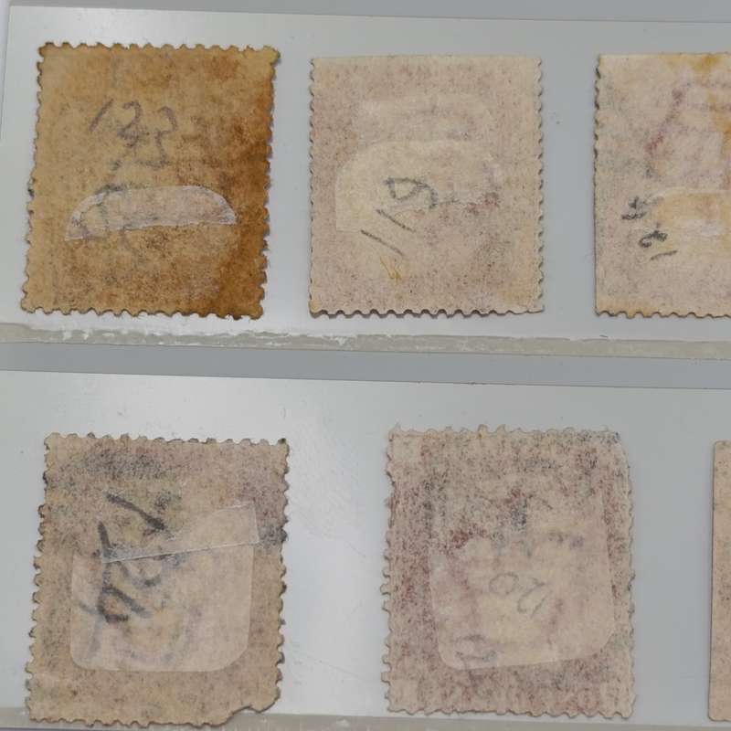 Lot of 9 Penny red stamps circa 1858 plate numbers included are: 118, 119, 120, 123, 124, 125, 154
