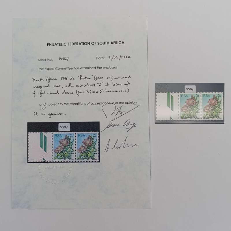 South Africa 1977 2c protea (SACC 419) unused marginal pair