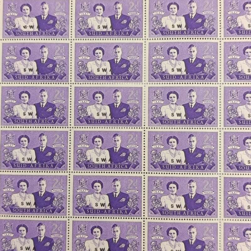 1947 Royal visit to South Africa 2d Part sheet of stamps - Top left stamp with ink flaw _S of SWA._