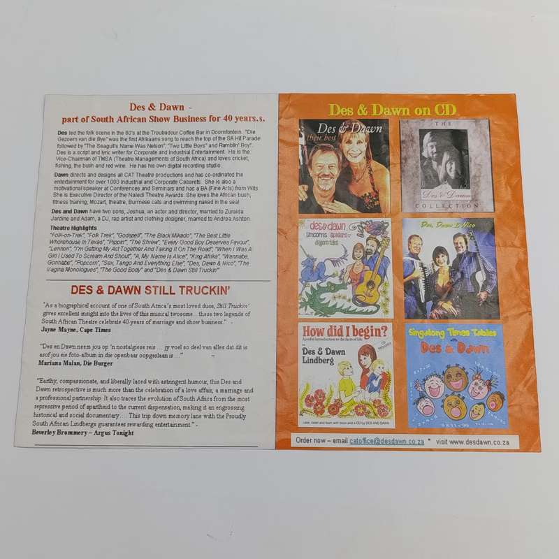 Des & Dawn Lindberg brochure for the Cat-Caberet & Theatre in Johannesburg