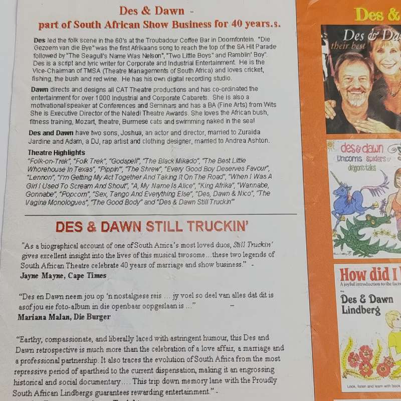 Des & Dawn Lindberg brochure for the Cat-Caberet & Theatre in Johannesburg