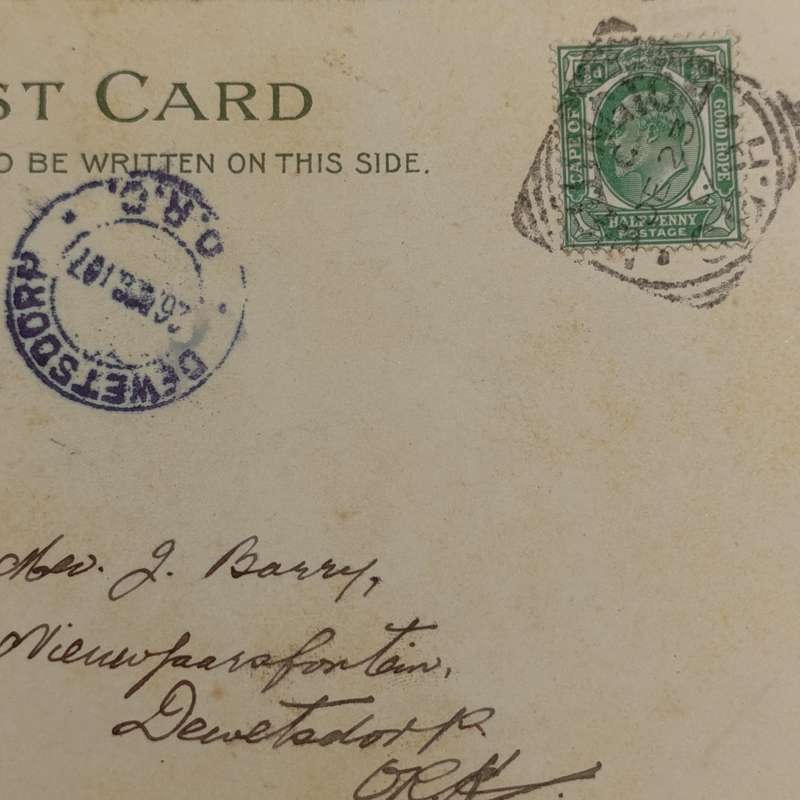 1907 Christmas postcard sent from Wellington Cape Colony to Dewetsdorp - Orange River Colony