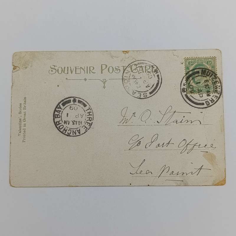 1909 Funny postcard Muizenberg to Sea Point - with three anchor Bay cancel - light damage