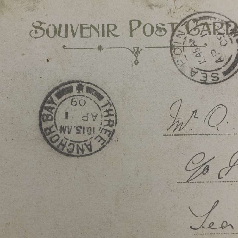 1909 Funny postcard Muizenberg to Sea Point - with three anchor Bay cancel - light damage