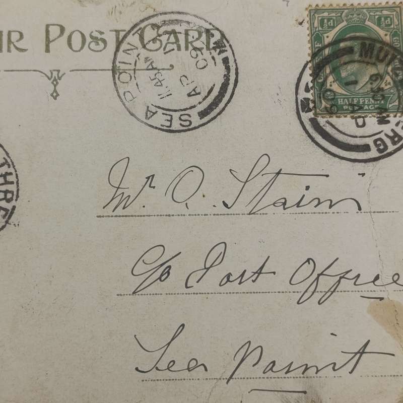 1909 Funny postcard Muizenberg to Sea Point - with three anchor Bay cancel - light damage