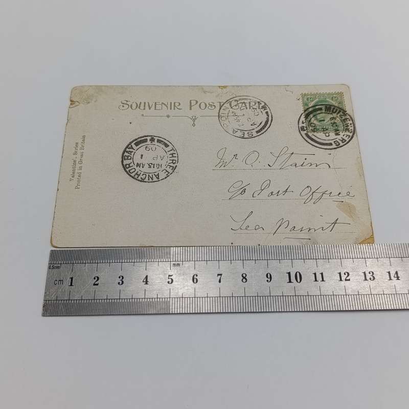 1909 Funny postcard Muizenberg to Sea Point - with three anchor Bay cancel - light damage
