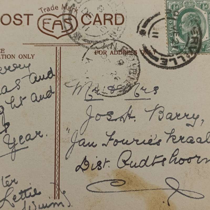 1911 Postcard sent from Porterville to Jan Fouriekraal Oudtshoorn - addressed to Joseph Barry