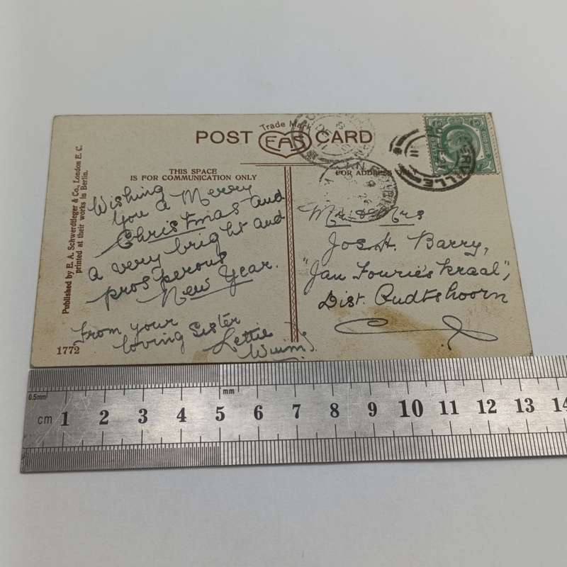 1911 Postcard sent from Porterville to Jan Fouriekraal Oudtshoorn - addressed to Joseph Barry