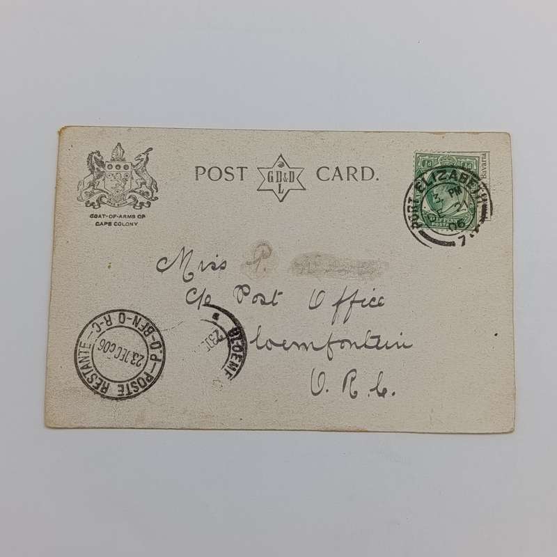 1906 Postcard Poste Restante from Port Elizabeth, Cape Colony to Bloemfontein, Free State