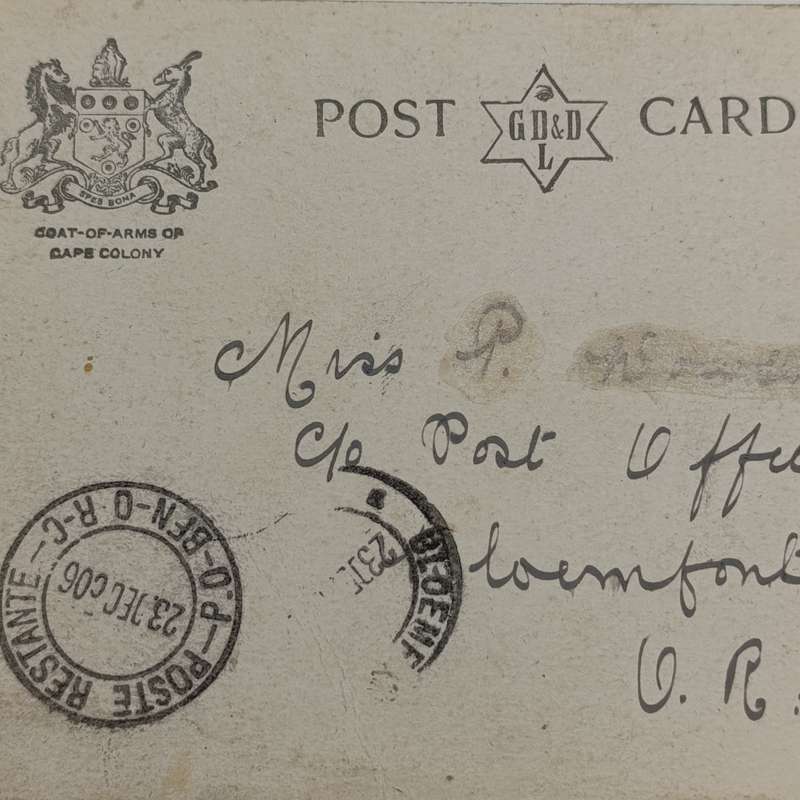 1906 Postcard Poste Restante from Port Elizabeth, Cape Colony to Bloemfontein, Free State