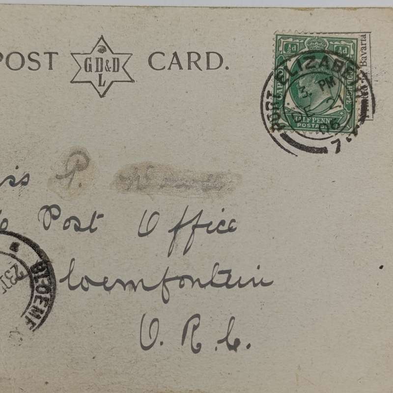 1906 Postcard Poste Restante from Port Elizabeth, Cape Colony to Bloemfontein, Free State