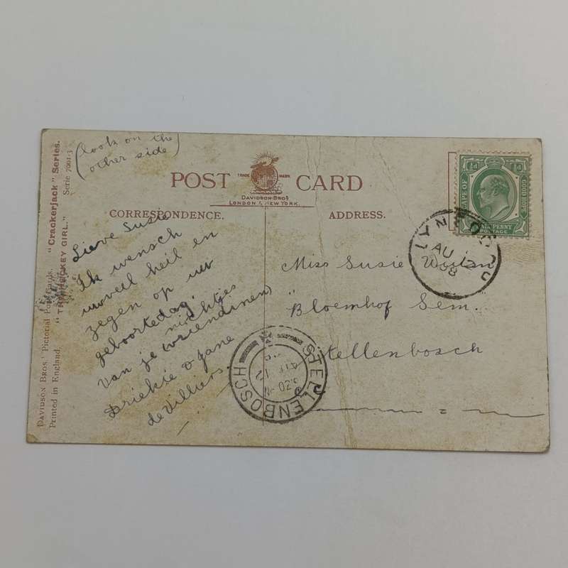 1908 Funny postcard sent from Lynedoch to Stellenbosch - Early Afrikaans used in message