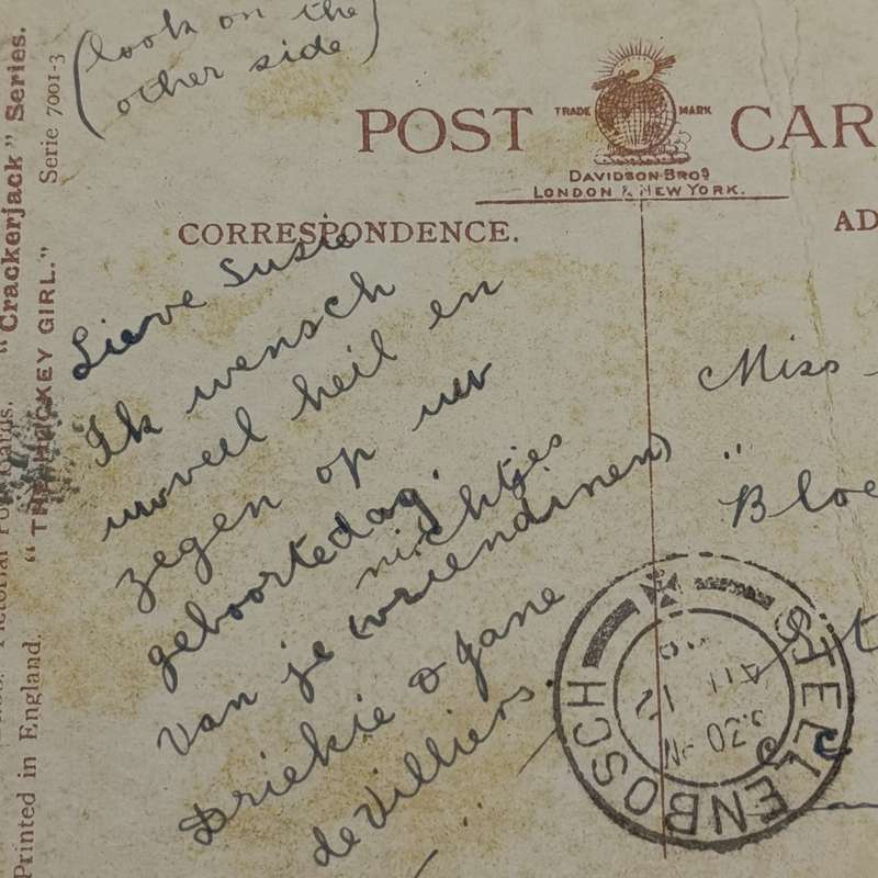 1908 Funny postcard sent from Lynedoch to Stellenbosch - Early Afrikaans used in message