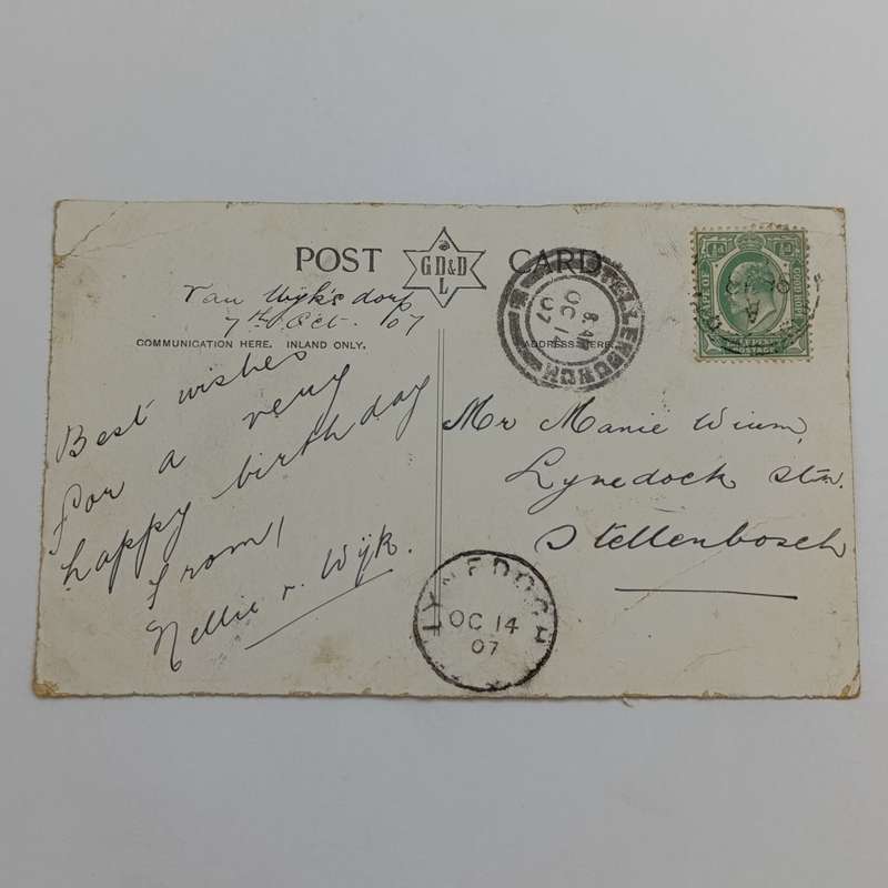 1907 Postcard sent from Vanwyksdorp to Lynedoch, Stellenbosch, Cape Colony