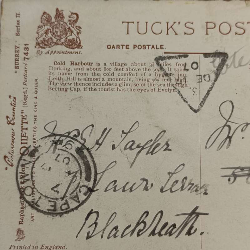 1907 Postcard sent from Blackheath England to Cape Town South Africa