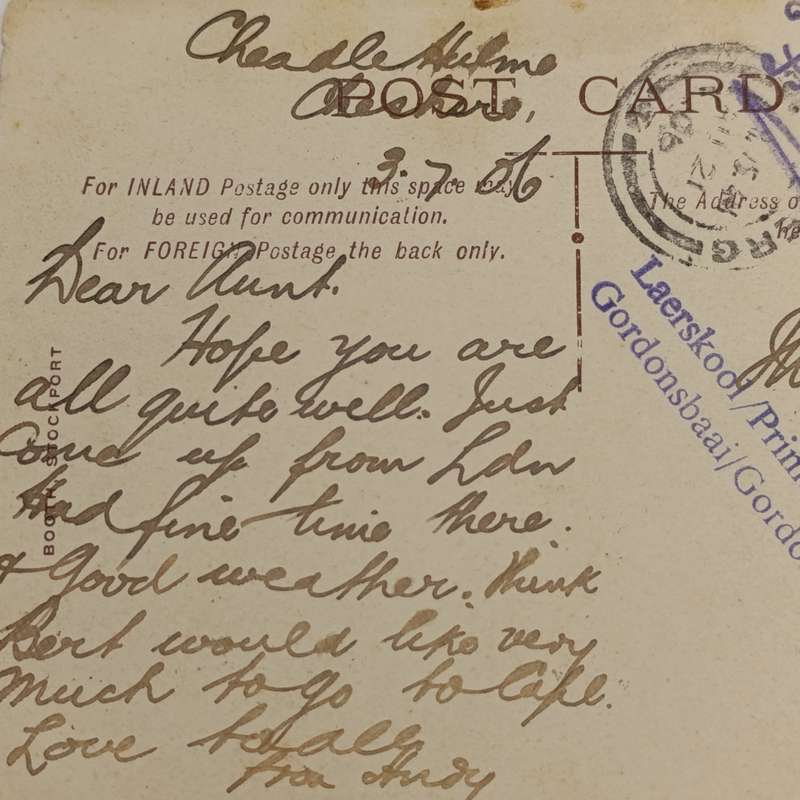 1906 Postcard from Stockpart, England to Wynberg, Cape Colony
