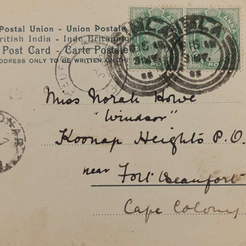 1906 Postcard from SIMLA, India to Koonap, Cape of Good Hope through Fort Beaufort