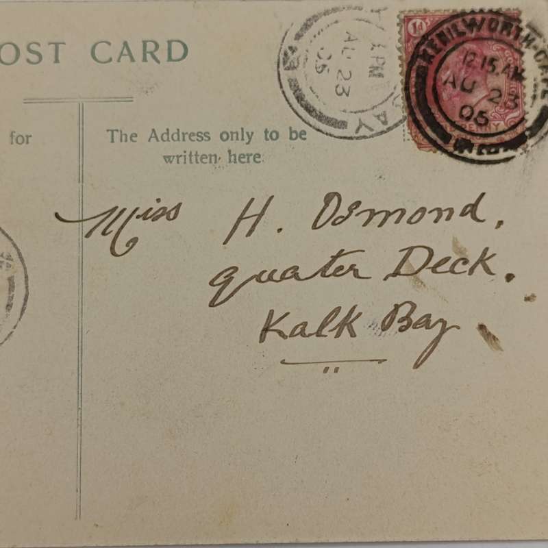 1905 postcard from Kenilworth, Cape through Wynberg to KalkBay - picture of Ostrich