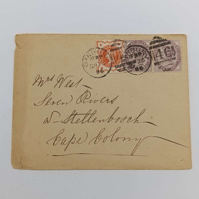 1896 Cover from Banbury England to Stellenbosch, Cape colony with 3 Victoria stamps