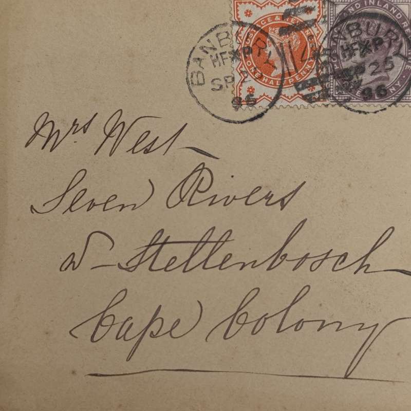 1896 Cover from Banbury England to Stellenbosch, Cape colony with 3 Victoria stamps