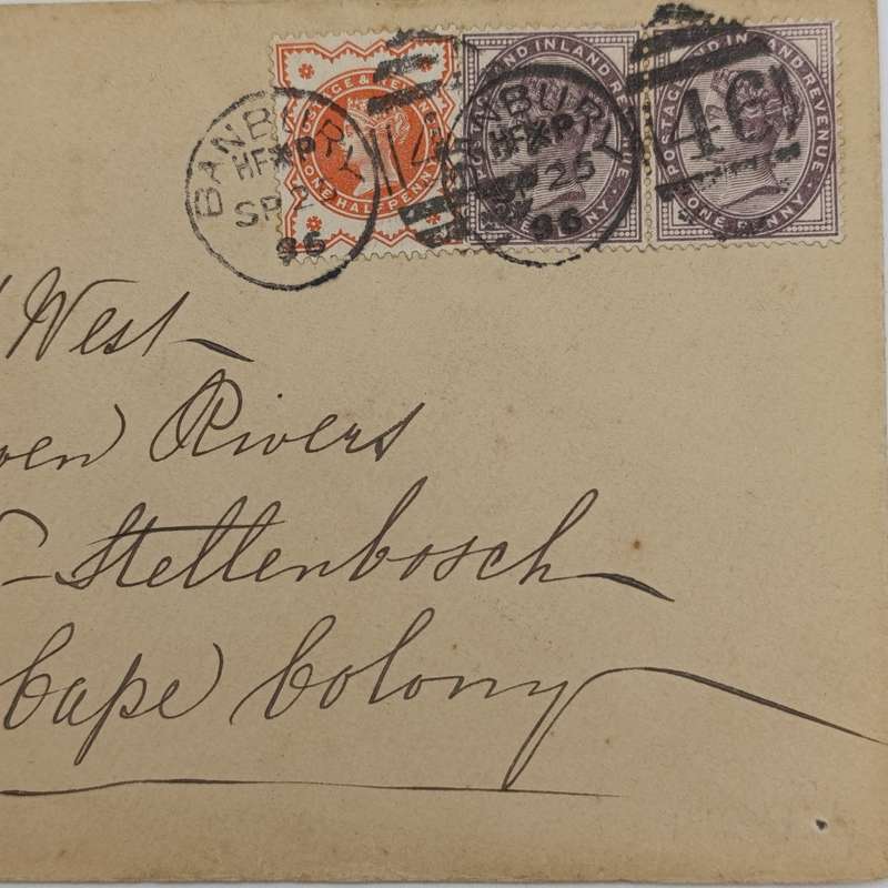 1896 Cover from Banbury England to Stellenbosch, Cape colony with 3 Victoria stamps