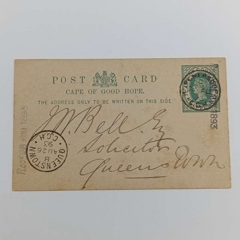 1893 Prepaid postcard half penny, Cape of Good Hope Burghersdorp to Queenstown