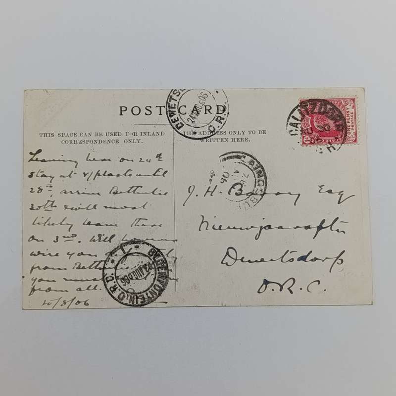 1906 Postcard from Calitzdorp, Cape Colony through Laingsburg and Bloemfontein to Dewetsdorp