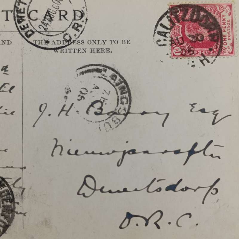 1906 Postcard from Calitzdorp, Cape Colony through Laingsburg and Bloemfontein to Dewetsdorp