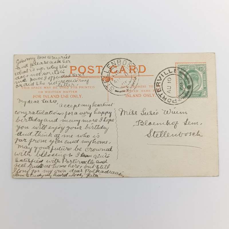 1908 Postcard Porteville to Stellenbosch to Susie Wium at Bloemhof - picture of Porteville Waterfall