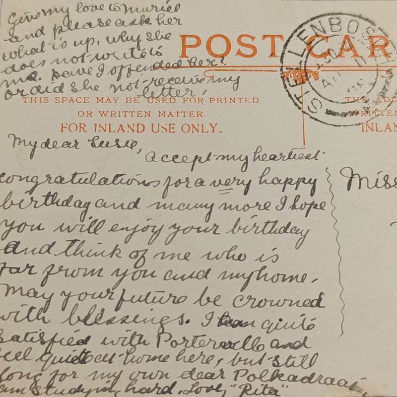 1908 Postcard Porteville to Stellenbosch to Susie Wium at Bloemhof - picture of Porteville Waterfall