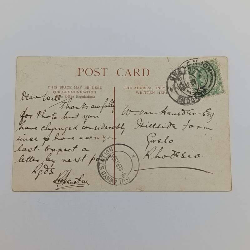 1905 Postcard from East London, South Africa to Gwelo, Rhodesia through Bulawayo station