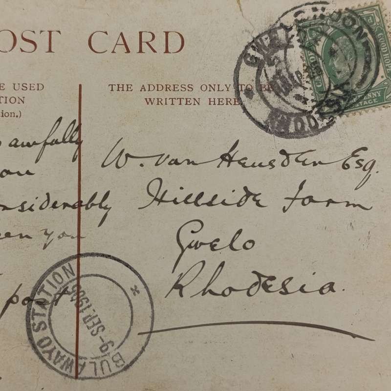 1905 Postcard from East London, South Africa to Gwelo, Rhodesia through Bulawayo station