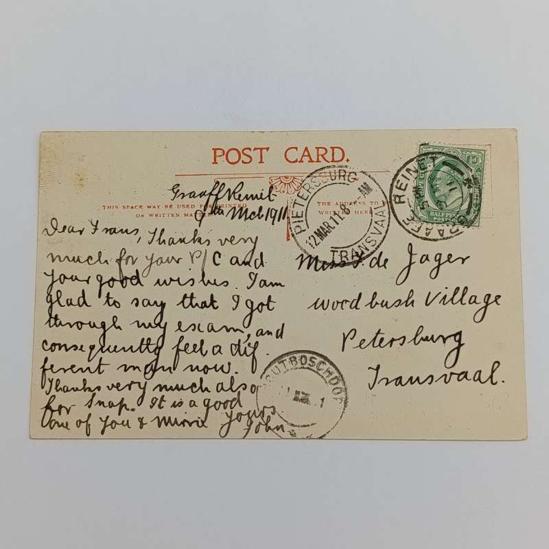 1911 Postcard Graaff Reinet to Pietersburg with Houtboschdorp cancellation
