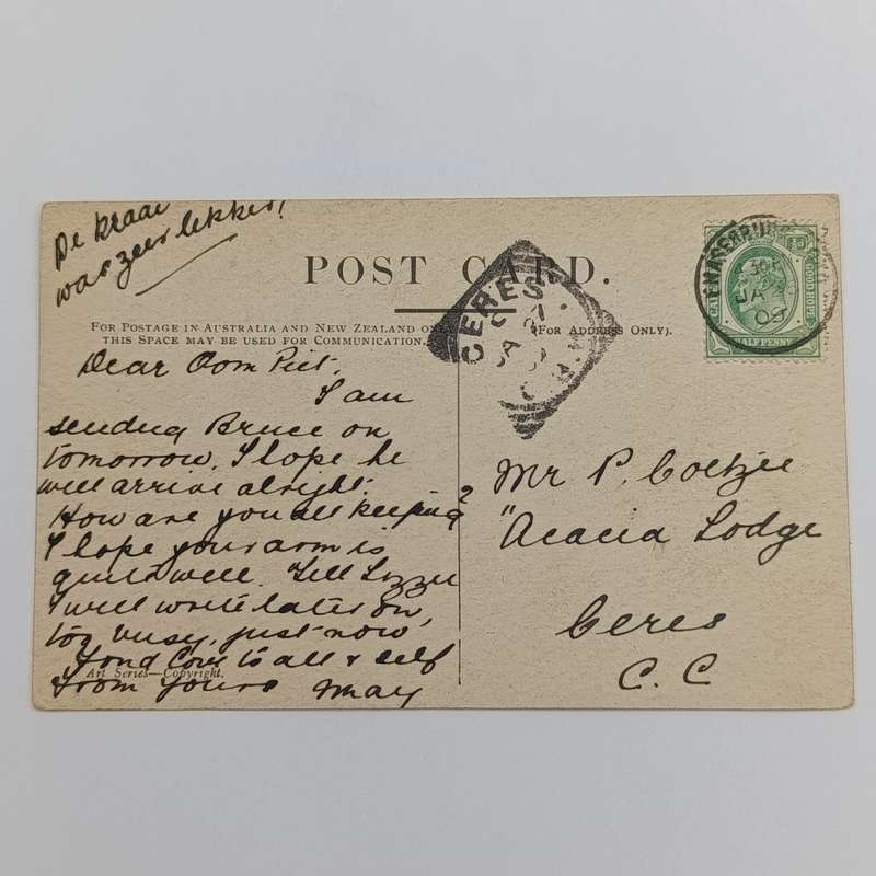 1909 Postcard from Fraserburg Rd to Ceres, Cape Colony - Pictures of shipping Millers Point, Sydney