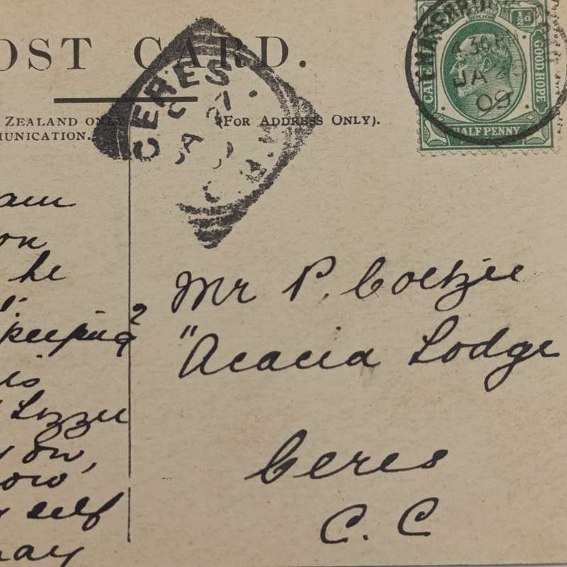 1909 Postcard from Fraserburg Rd to Ceres, Cape Colony - Pictures of shipping Millers Point, Sydney
