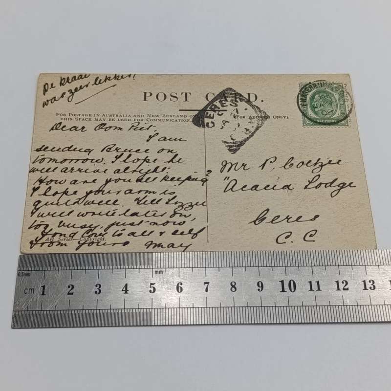 1909 Postcard from Fraserburg Rd to Ceres, Cape Colony - Pictures of shipping Millers Point, Sydney
