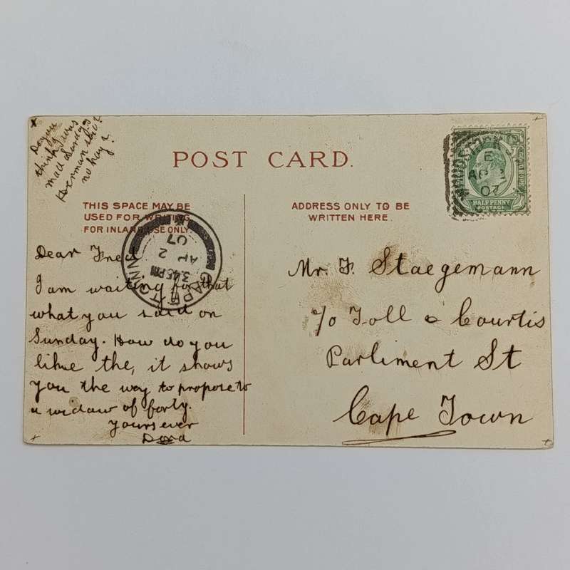 1907 Postcard from Woodstock Station Post Office (closed 1914) to Cape Town - funny card