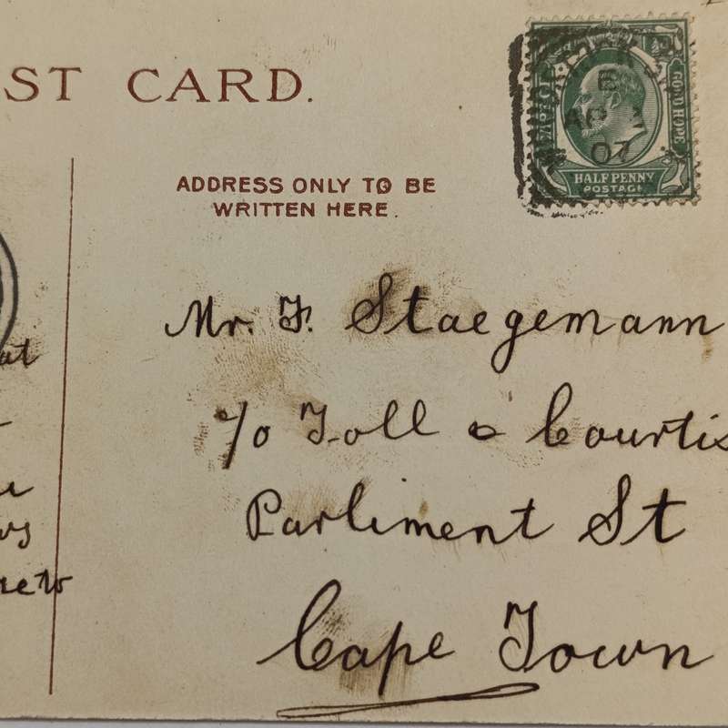 1907 Postcard from Woodstock Station Post Office (closed 1914) to Cape Town - funny card