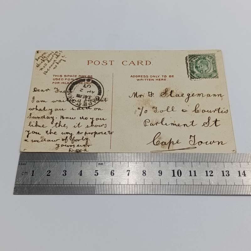 1907 Postcard from Woodstock Station Post Office (closed 1914) to Cape Town - funny card