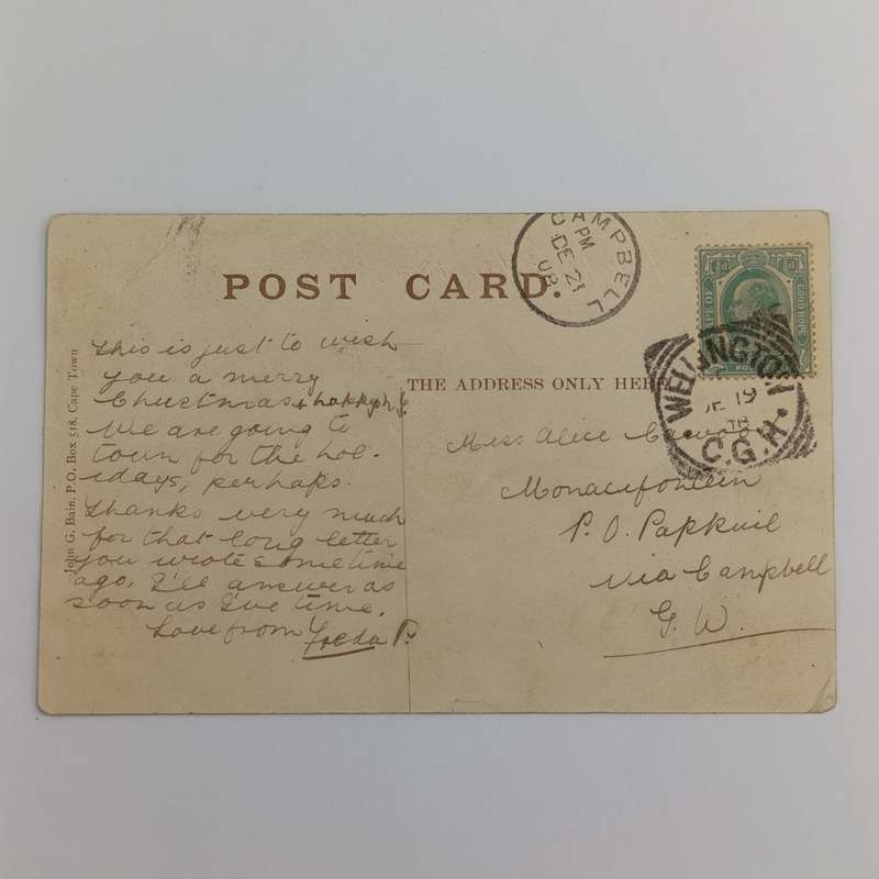 1908 Postcard Wellington, Cape of Good Hope to Papkuil via Campbell, Griqualand West