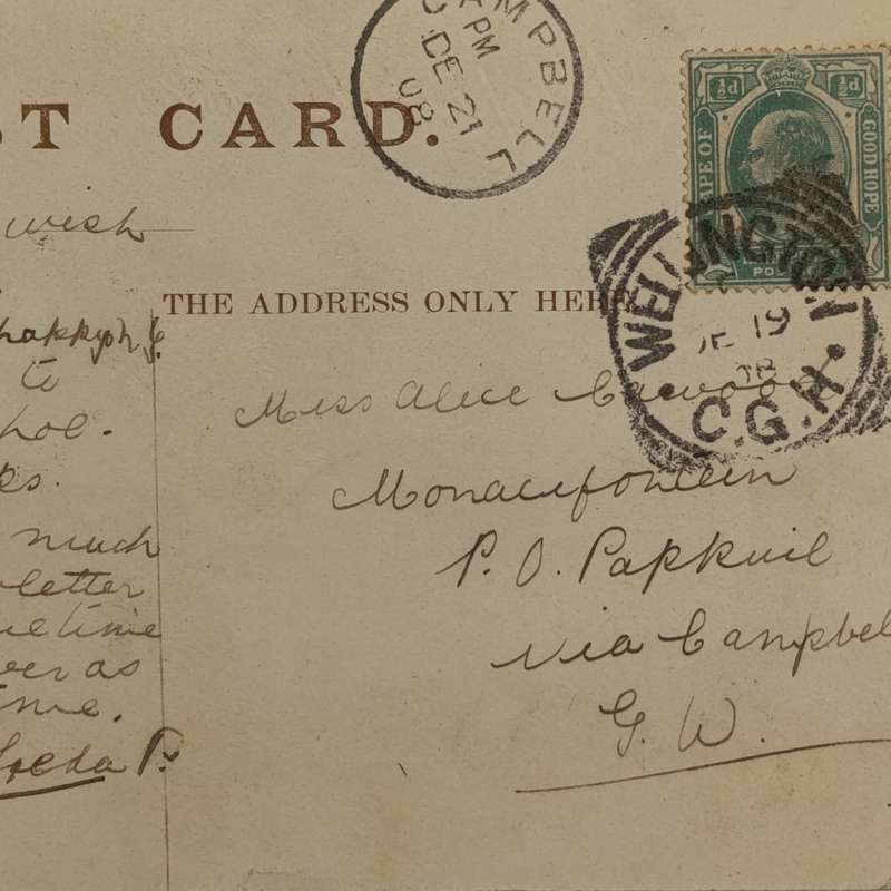 1908 Postcard Wellington, Cape of Good Hope to Papkuil via Campbell, Griqualand West