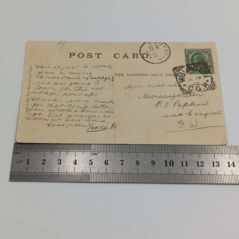 1908 Postcard Wellington, Cape of Good Hope to Papkuil via Campbell, Griqualand West